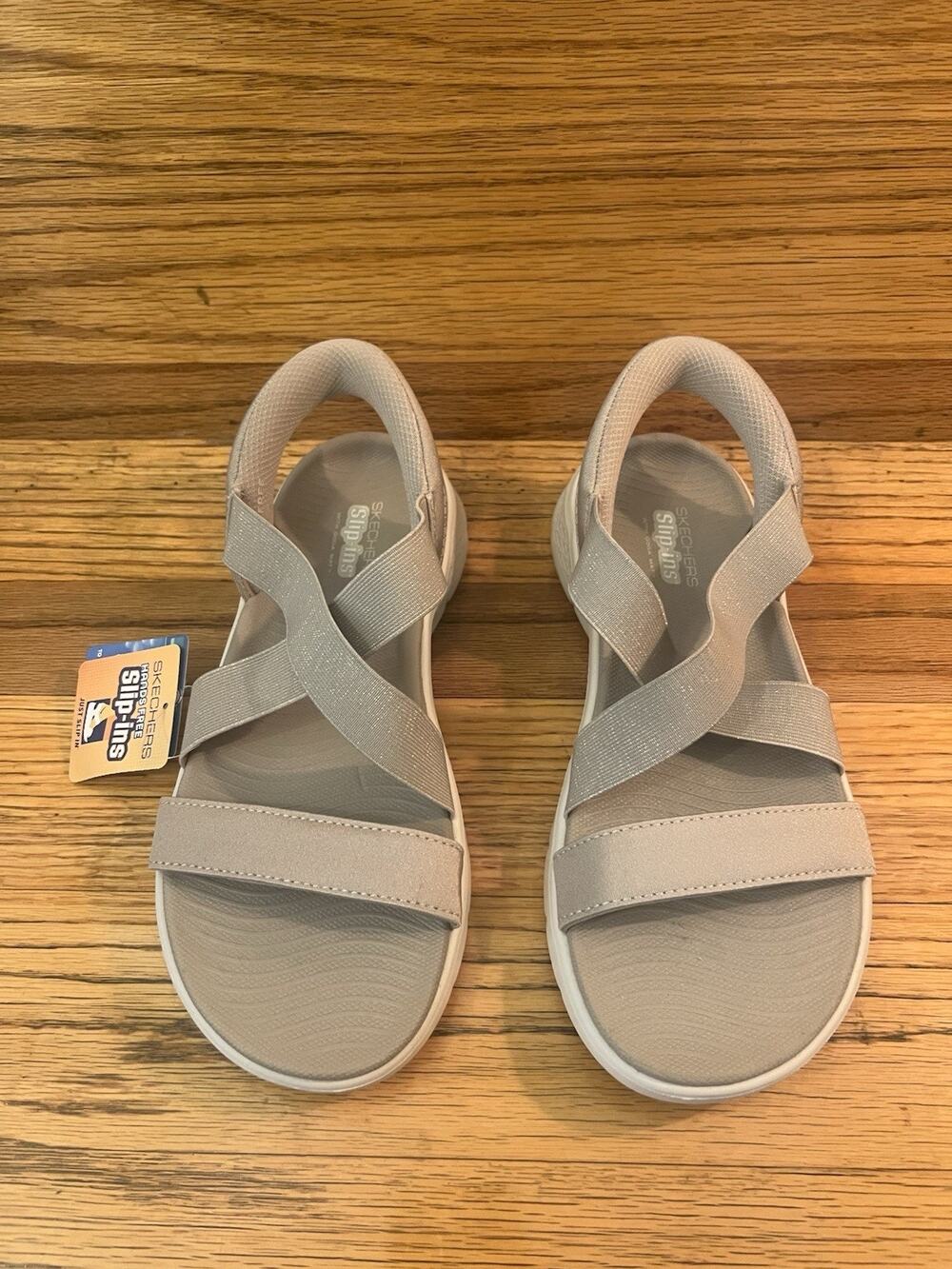 NWT Skechers Women's Go Walk Flex Hands Free Glimmer Up Sandal Taupe Sz. 9